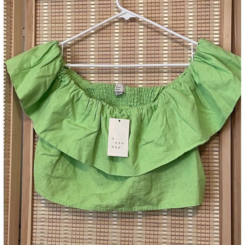 A New Day Women Top Slim Off Shoulder‎ Ruffle Sleeve Linen Blend Green L NWT